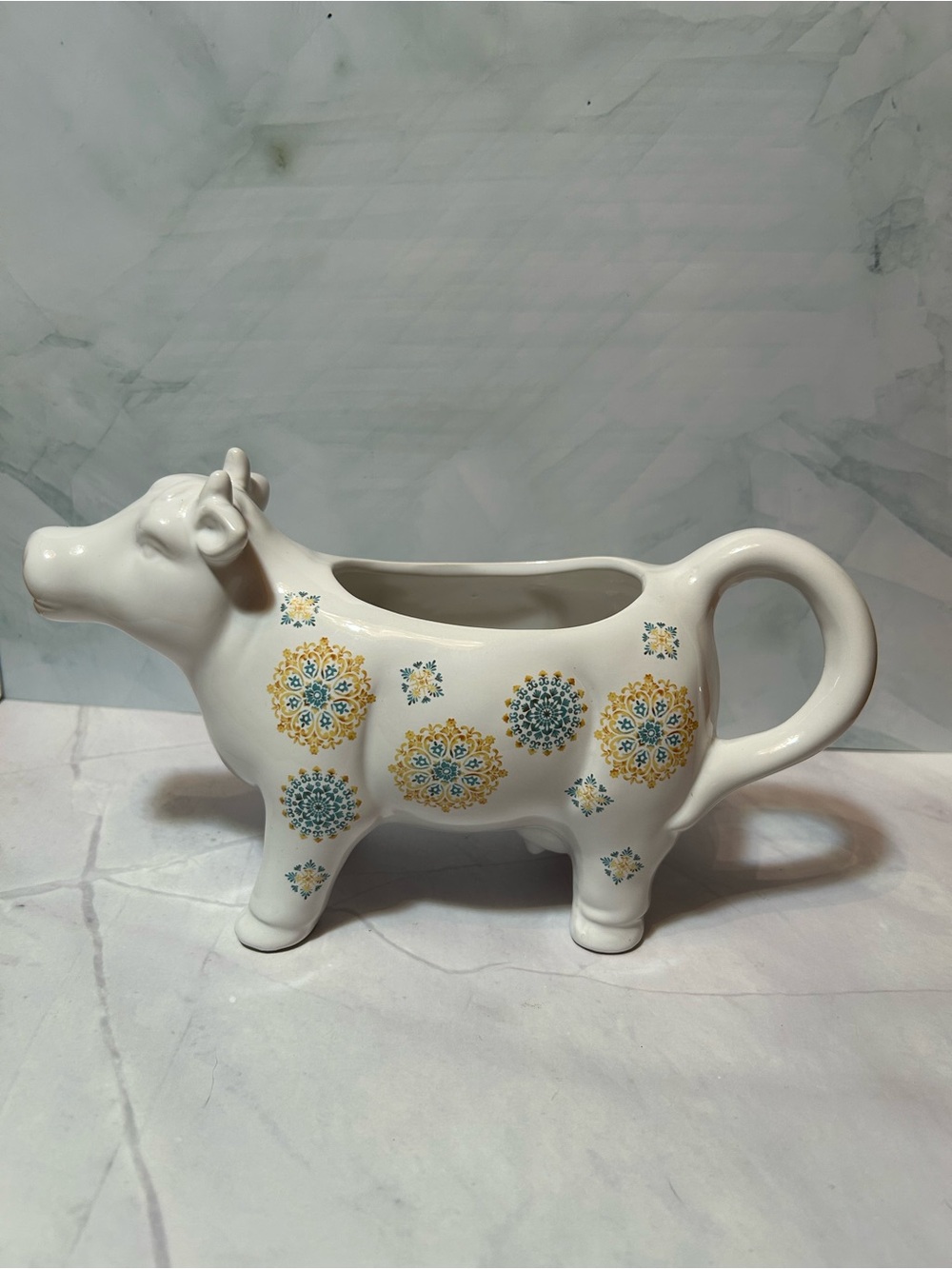 Decorative Ceramic Cow Pitcher - White with Blue & Gold